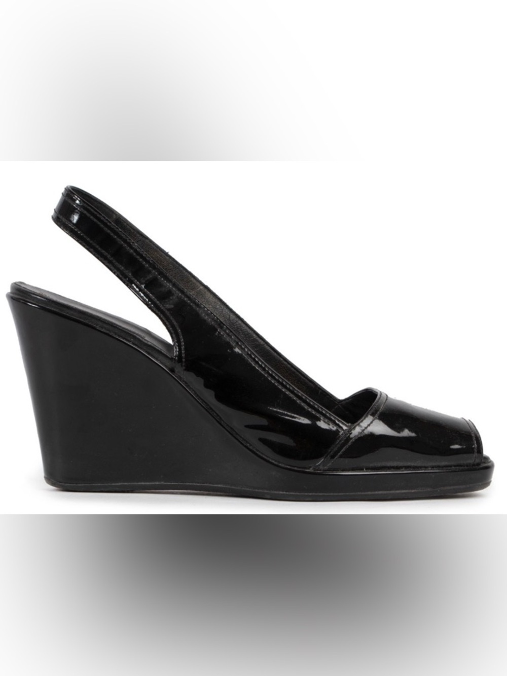 Prada Black Patent Slingback Peep-Toe Wedge Pumps